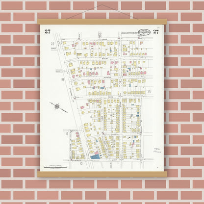 Old map wall art mockup — magnetic wood frame on brick wall — Sanborn Fire Insurance Map from Kingston, Luzerne County, Pennsylvania (1925), Sheet #0027