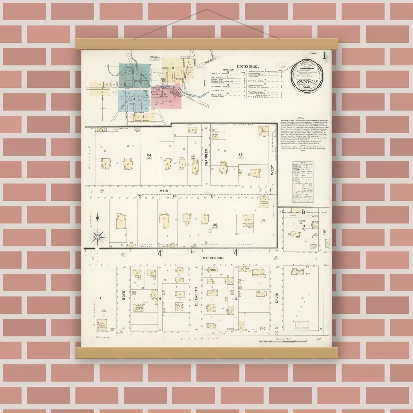 Old map wall art mockup — magnetic wood frame on brick wall — Sanborn Fire Insurance Map from Vacaville, Solano County, California (1897) - Complete Map Set