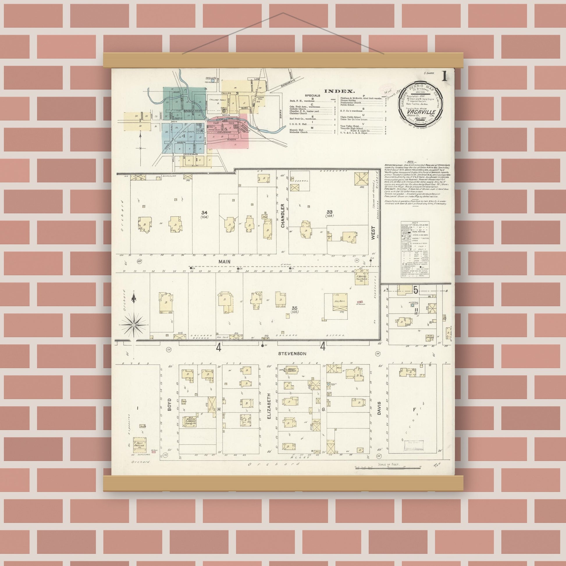 Old map wall art mockup — magnetic wood frame on brick wall — Sanborn Fire Insurance Map from Vacaville, Solano County, California (1897) - Complete Map Set