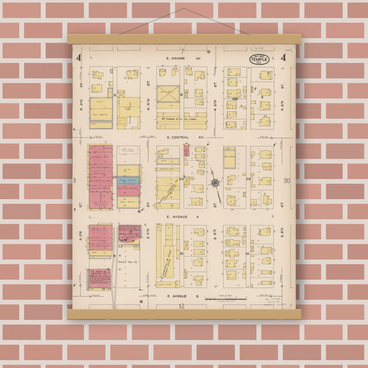 Old map wall art mockup — magnetic wood frame on brick wall — Sanborn Fire Insurance Map from Temple, Bell County, Texas (1922), Sheet #0004