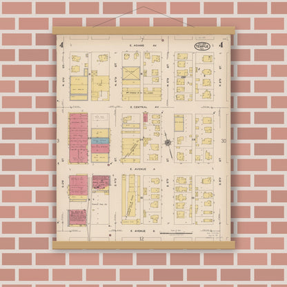 Old map wall art mockup — magnetic wood frame on brick wall — Sanborn Fire Insurance Map from Temple, Bell County, Texas (1922), Sheet #0004