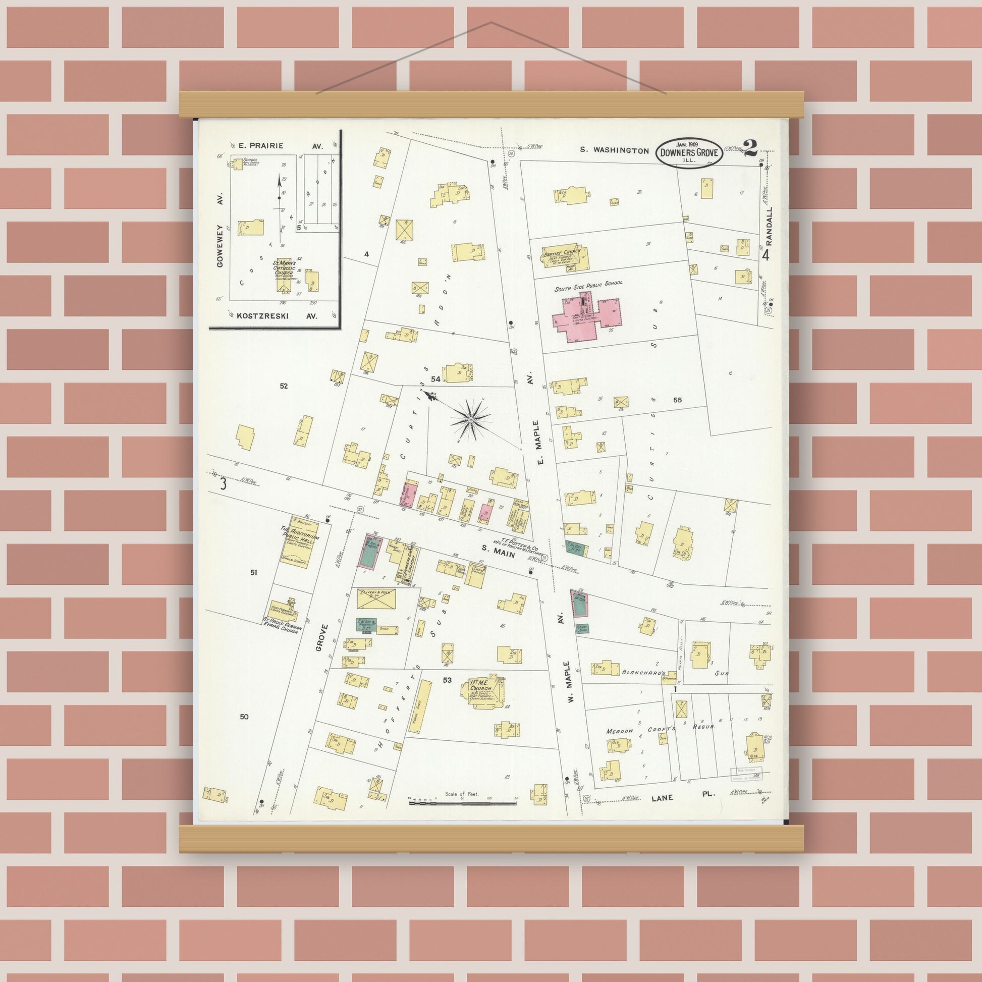 Old map wall art mockup — magnetic wood frame on brick wall — Sanborn Fire Insurance Map from Downers Grove, Dupage County, Illinois (1909), Sheet #0002