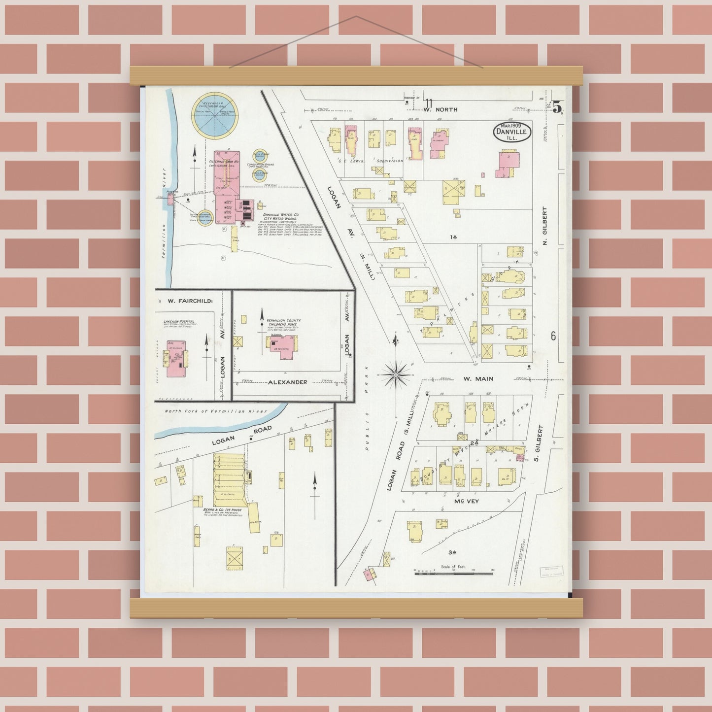Old map wall art mockup — magnetic wood frame on brick wall — Sanborn Fire Insurance Map from Danville, Vermilion County, Illinois (1909), Sheet #0005
