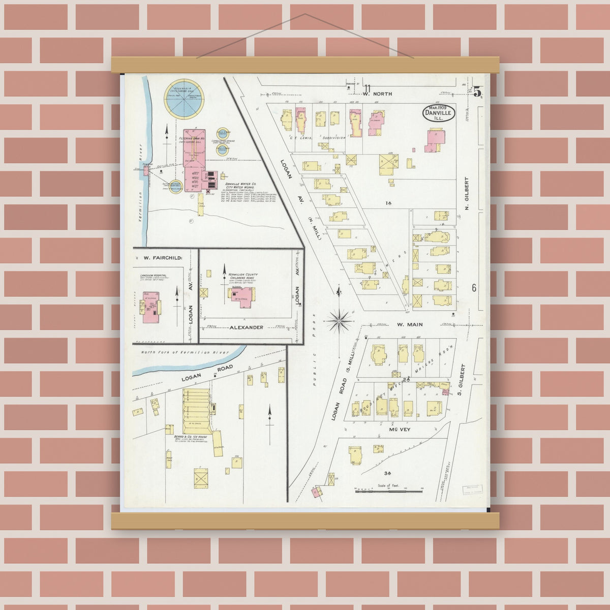 Old map wall art mockup — magnetic wood frame on brick wall — Sanborn Fire Insurance Map from Danville, Vermilion County, Illinois (1909), Sheet #0005