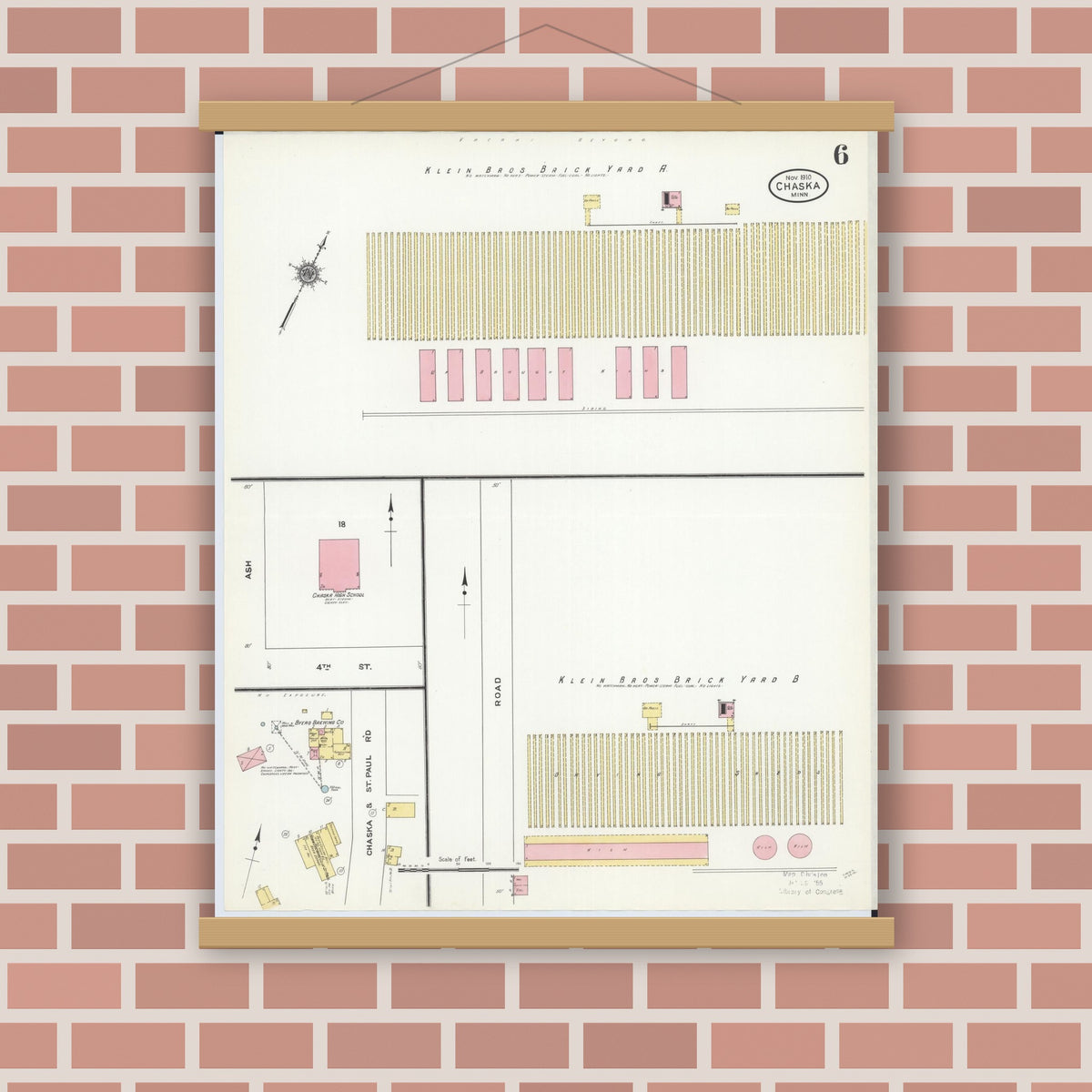 Old map wall art mockup — magnetic wood frame on brick wall — Sanborn Fire Insurance Map from Chaska, Carver County, Minnesota (1910), Sheet #0006
