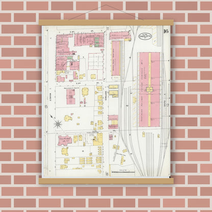 Old map wall art mockup — magnetic wood frame on brick wall — Sanborn Fire Insurance Map from Charlotte, Mecklenburg County, North Carolina (1900), Sheet #0016