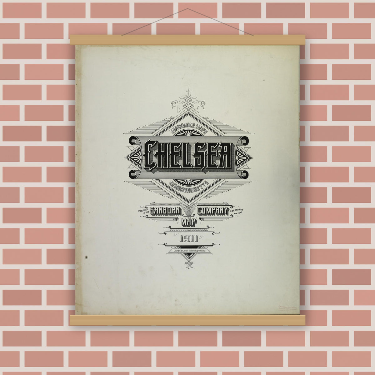 Old map wall art mockup — magnetic wood frame on brick wall — Sanborn Fire Insurance Map from Chelsea, Suffolk County, Massachusetts (1911), Sheet #0001