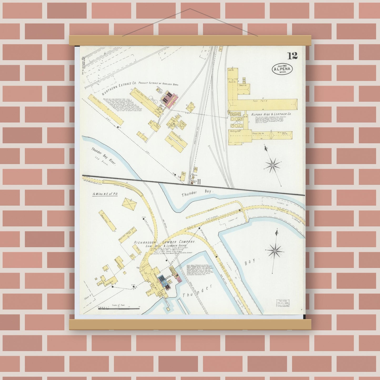 Old map wall art mockup — magnetic wood frame on brick wall — Sanborn Fire Insurance Map from Alpena, Alpena County, Michigan (1901), Sheet #0012