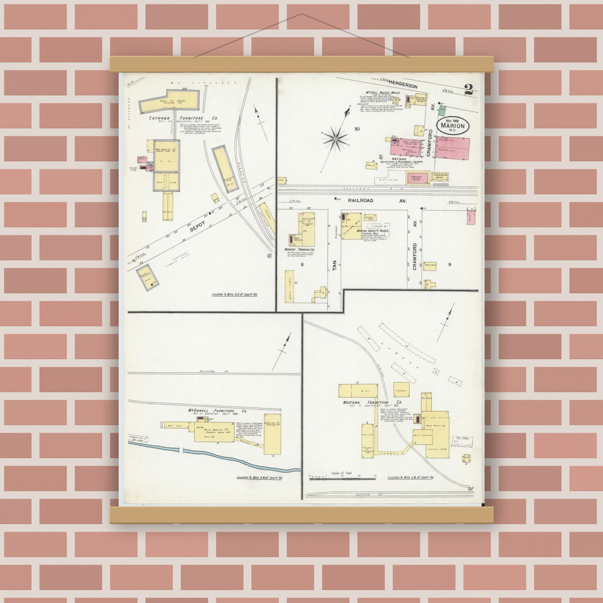 Old map wall art mockup — magnetic wood frame on brick wall — Sanborn Fire Insurance Map from Marion, Mcdowell County, North Carolina (1908), Sheet #0002