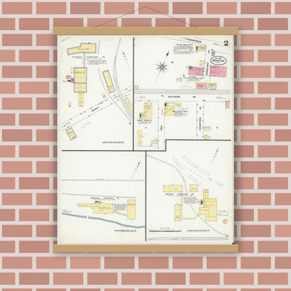 Old map wall art mockup — magnetic wood frame on brick wall — Sanborn Fire Insurance Map from Marion, Mcdowell County, North Carolina (1908), Sheet #0002