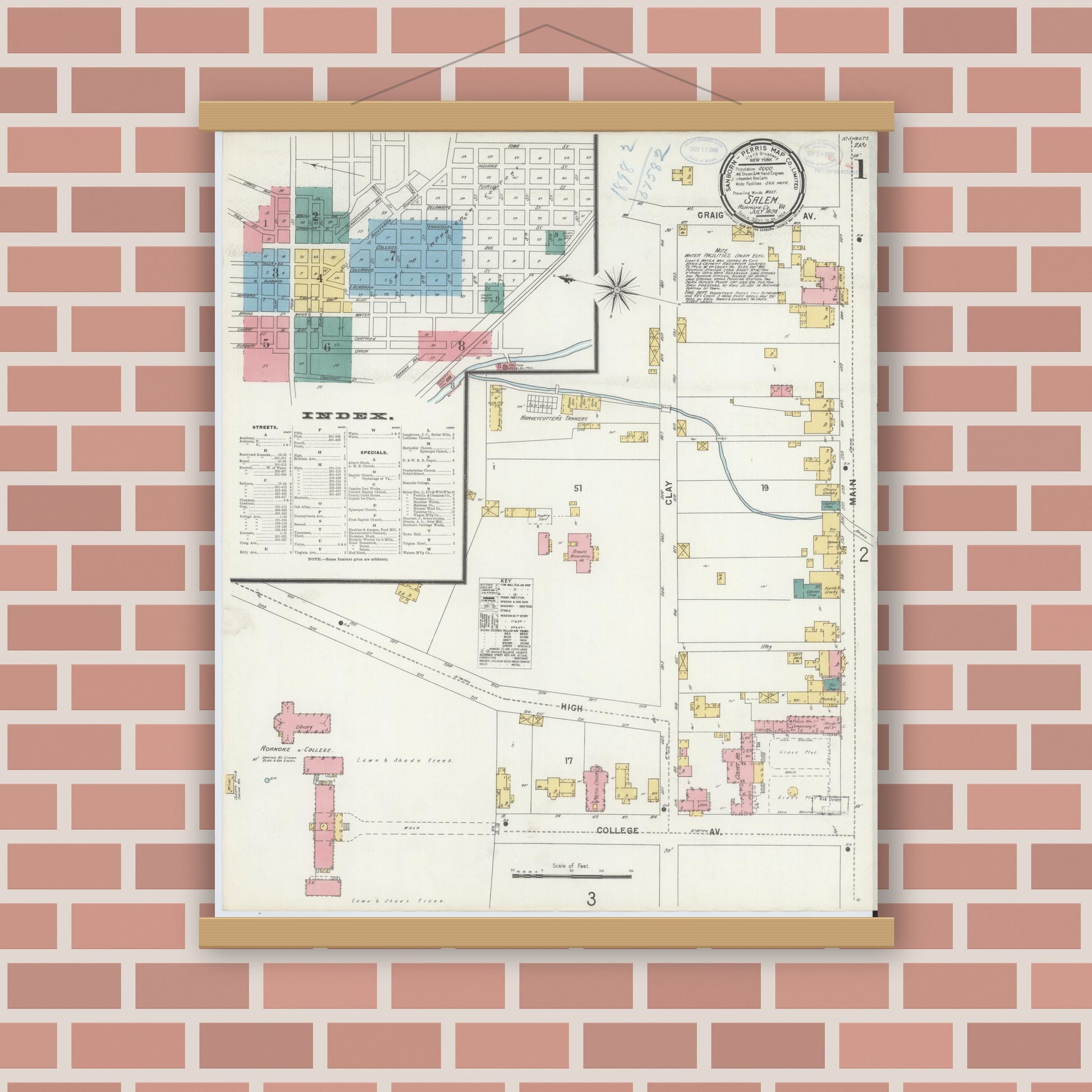 Old map wall art mockup — magnetic wood frame on brick wall — Sanborn Fire Insurance Map from Salem, Independent Cities, Virginia (1898), Sheet #0001