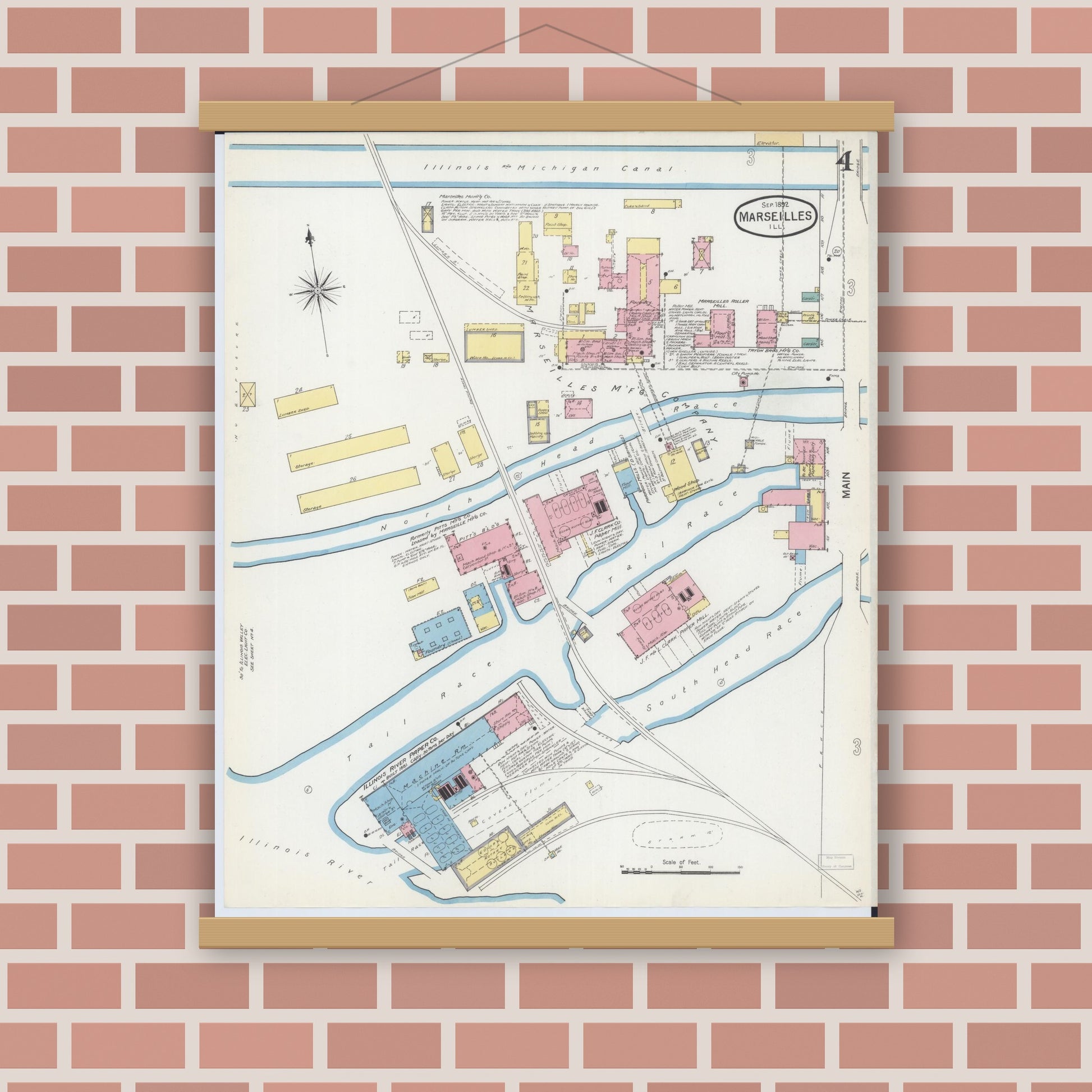 Old map wall art mockup — magnetic wood frame on brick wall — Sanborn Fire Insurance Map from Marseilles, La Salle County, Illinois (1892), Sheet #0004
