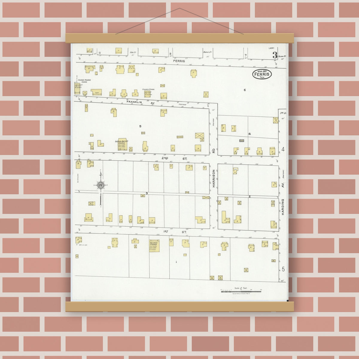 Old map wall art mockup — magnetic wood frame on brick wall — Sanborn Fire Insurance Map from Ferris, Ellis County, Texas (1921), Sheet #0003