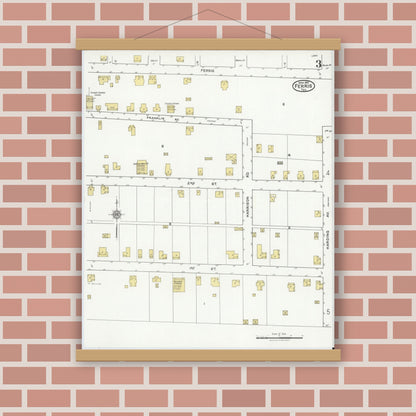 Old map wall art mockup — magnetic wood frame on brick wall — Sanborn Fire Insurance Map from Ferris, Ellis County, Texas (1921), Sheet #0003