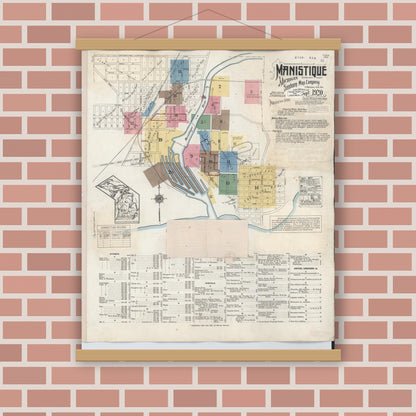 Old map wall art mockup — magnetic wood frame on brick wall — Sanborn Fire Insurance Map from Manistique, Schoolcraft County, Michigan (1950) - Complete Map Set