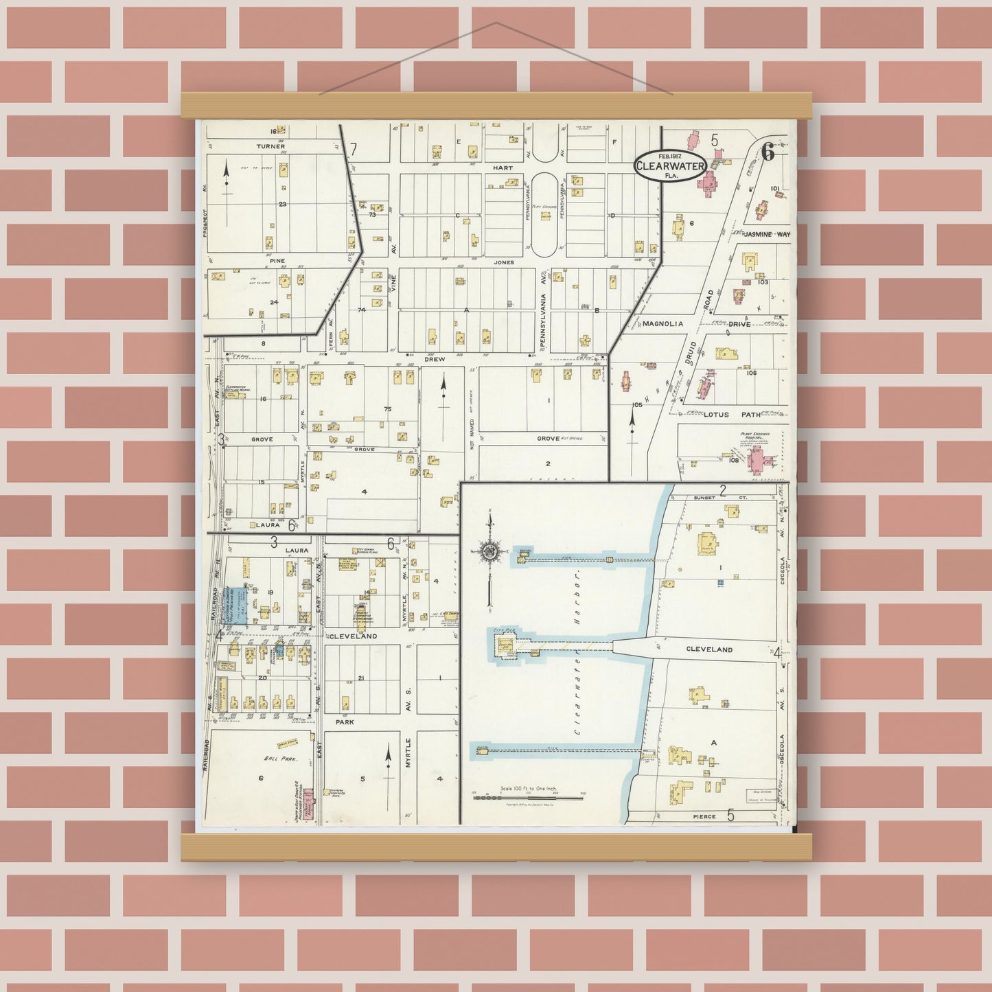 Old map wall art mockup — magnetic wood frame on brick wall — Sanborn Fire Insurance Map from Clearwater, Pinellas County, Florida (1917), Sheet #0006