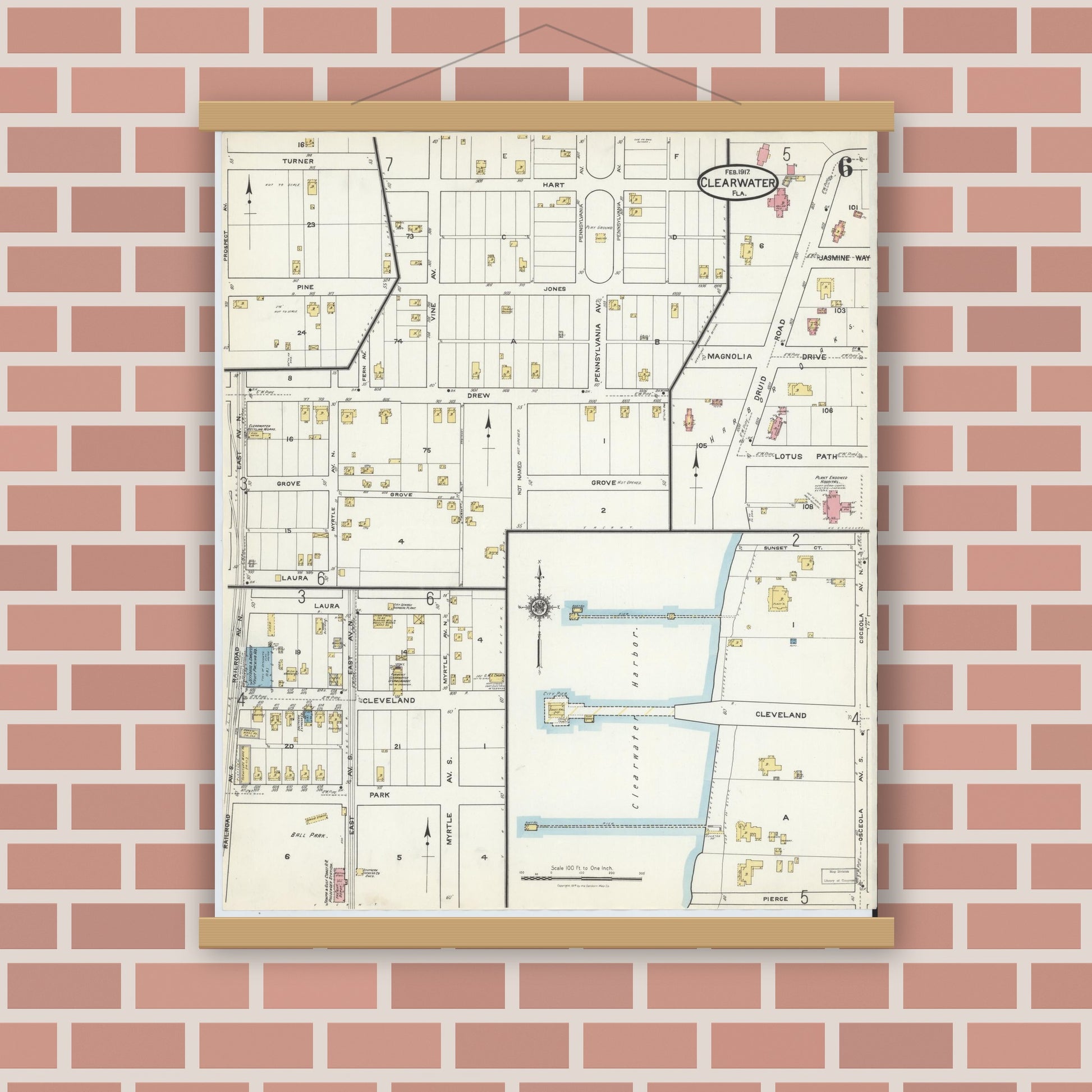 Old map wall art mockup — magnetic wood frame on brick wall — Sanborn Fire Insurance Map from Clearwater, Pinellas County, Florida (1917), Sheet #0006
