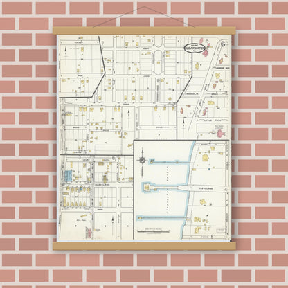 Old map wall art mockup — magnetic wood frame on brick wall — Sanborn Fire Insurance Map from Clearwater, Pinellas County, Florida (1917), Sheet #0006