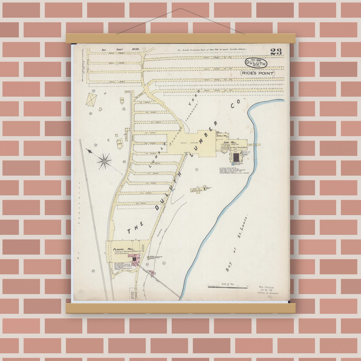 Old map wall art mockup — magnetic wood frame on brick wall — Sanborn Fire Insurance Map from Duluth, Saint Louis County, Minnesota (1885), Sheet #0023
