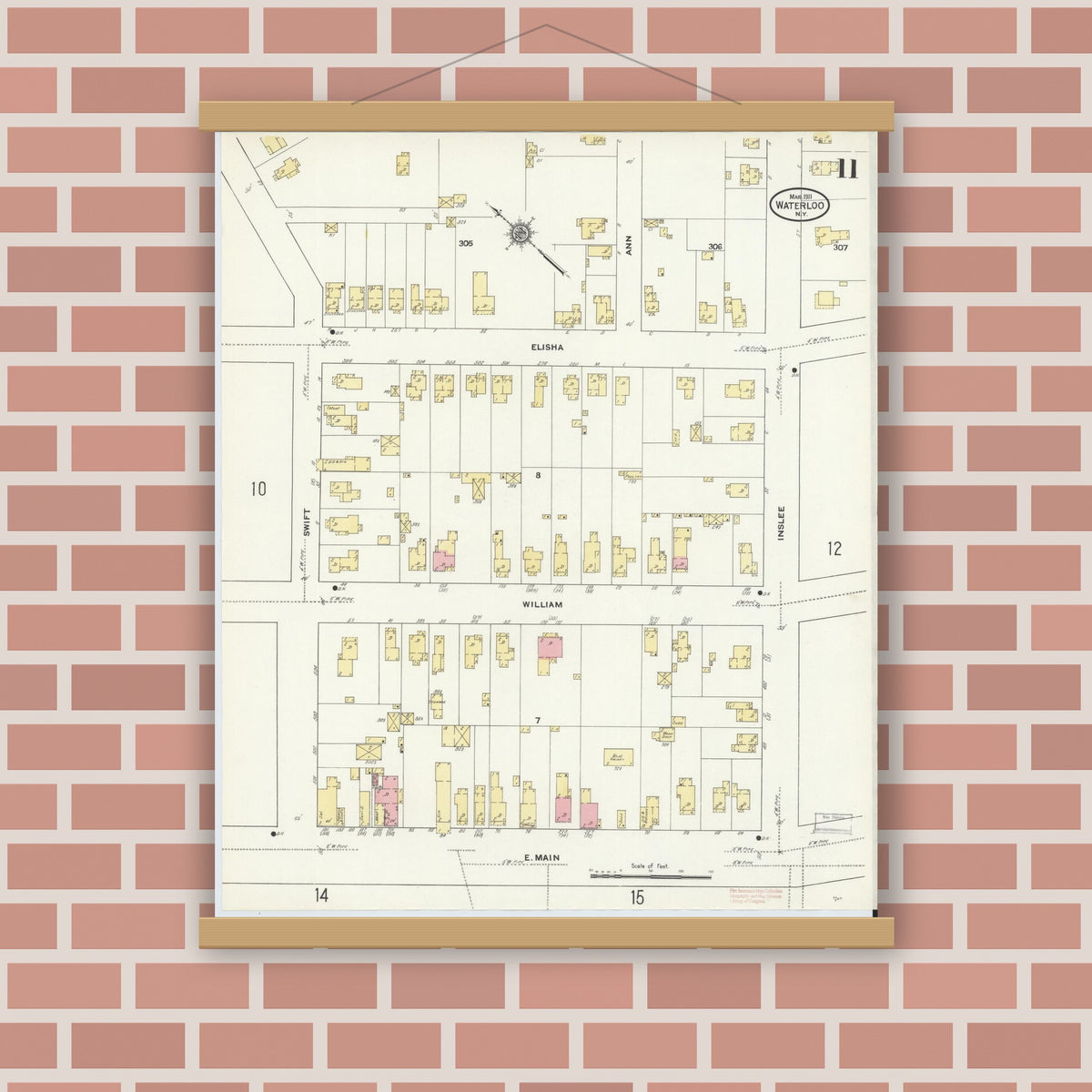 Old map wall art mockup — magnetic wood frame on brick wall — Sanborn Fire Insurance Map from Waterloo, Seneca County, New York (1911), Sheet #0011