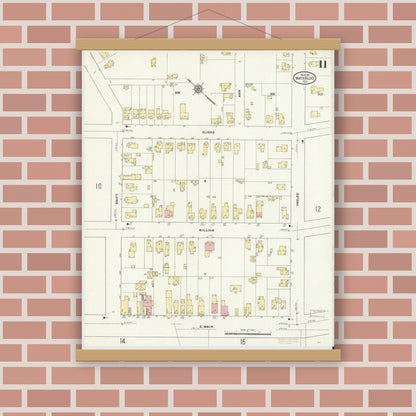 Old map wall art mockup — magnetic wood frame on brick wall — Sanborn Fire Insurance Map from Waterloo, Seneca County, New York (1911), Sheet #0011