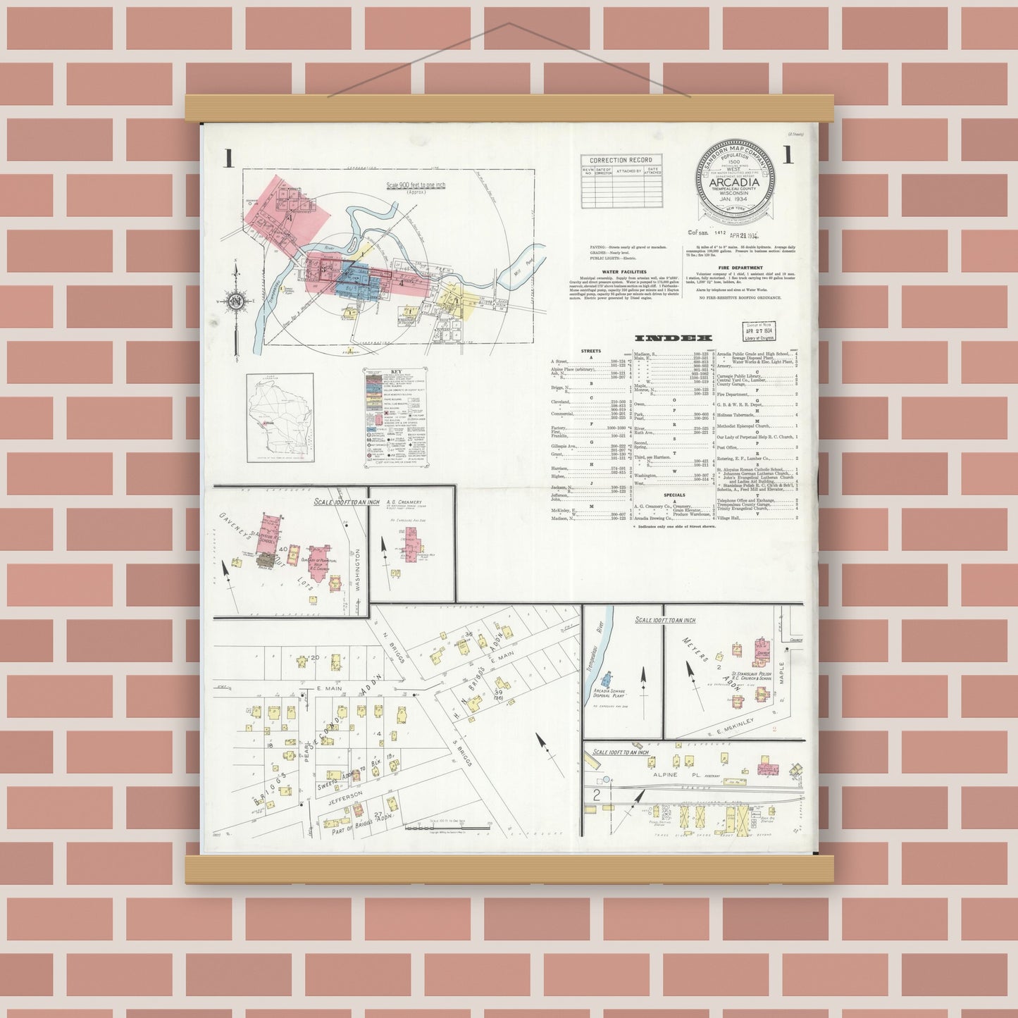 Old map wall art mockup — magnetic wood frame on brick wall — Sanborn Fire Insurance Map from Arcadia, Trempealeau County, Wisconsin (1934) - Complete Map Set