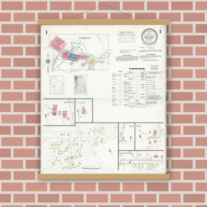 Old map wall art mockup — magnetic wood frame on brick wall — Sanborn Fire Insurance Map from Arcadia, Trempealeau County, Wisconsin (1934) - Complete Map Set