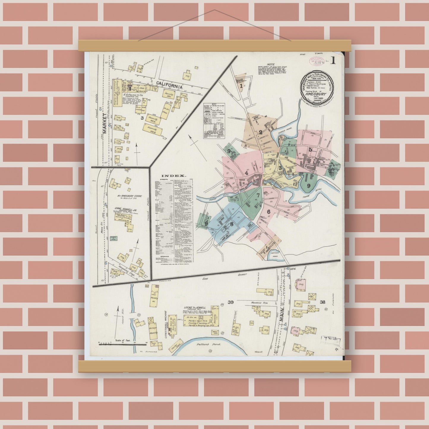Old map wall art mockup — magnetic wood frame on brick wall — Sanborn Fire Insurance Map from Amesbury, Essex County, Massachusetts (1889), Sheet #0001