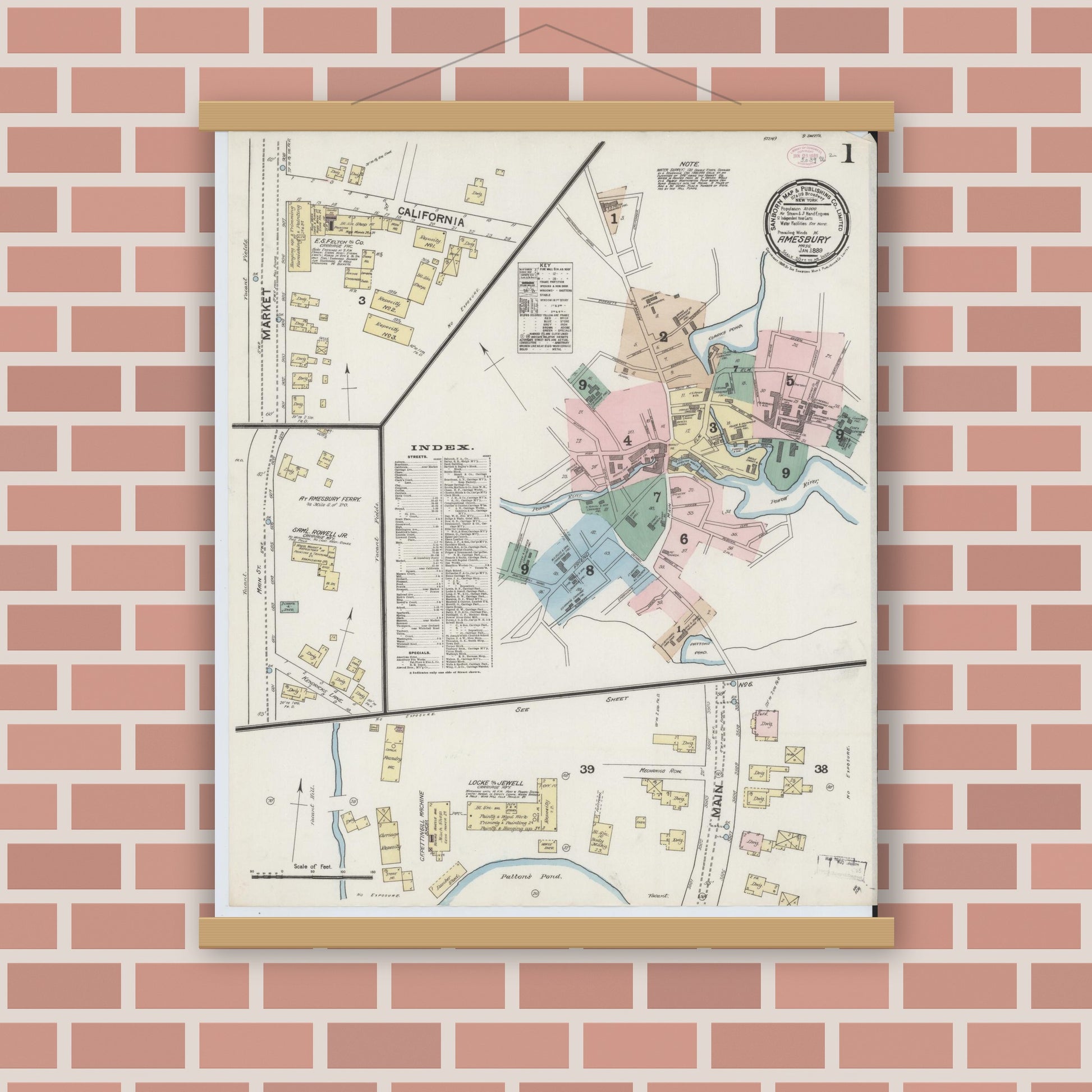Old map wall art mockup — magnetic wood frame on brick wall — Sanborn Fire Insurance Map from Amesbury, Essex County, Massachusetts (1889), Sheet #0001