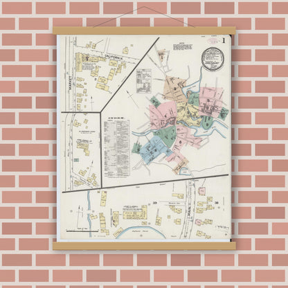Old map wall art mockup — magnetic wood frame on brick wall — Sanborn Fire Insurance Map from Amesbury, Essex County, Massachusetts (1889), Sheet #0001