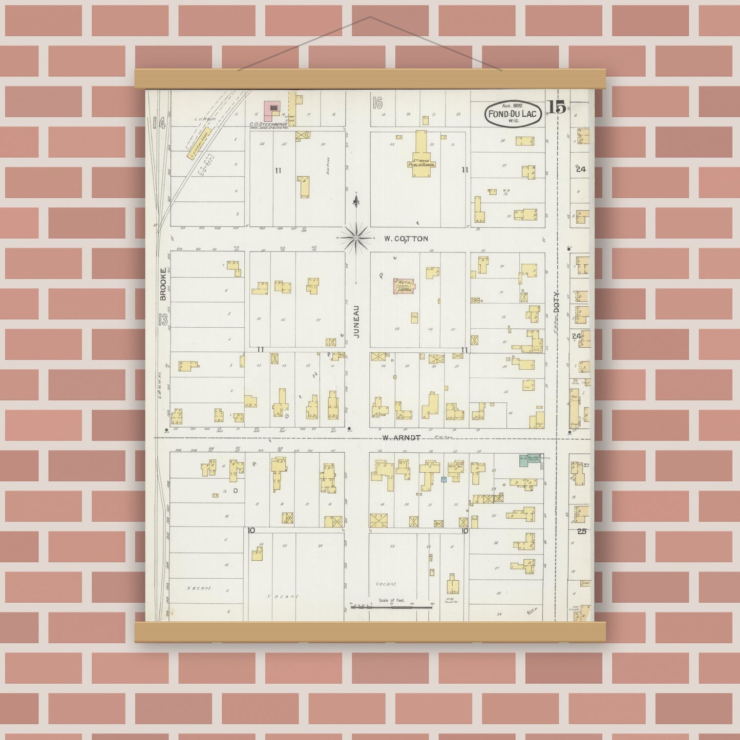 Old map wall art mockup — magnetic wood frame on brick wall — Sanborn Fire Insurance Map from Fond du Lac, Fond du Lac County, Wisconsin (1892), Sheet #0015
