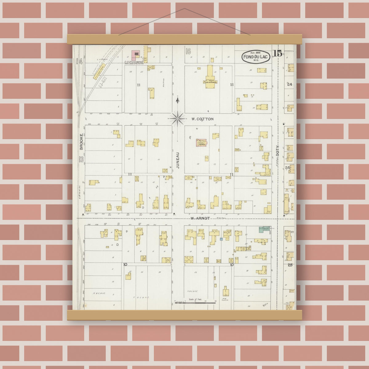Old map wall art mockup — magnetic wood frame on brick wall — Sanborn Fire Insurance Map from Fond du Lac, Fond du Lac County, Wisconsin (1892), Sheet #0015