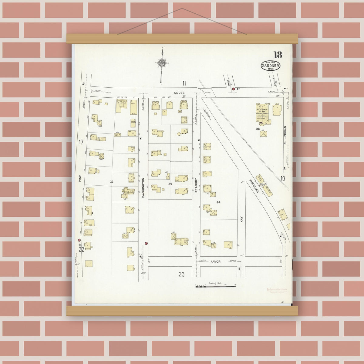 Old map wall art mockup — magnetic wood frame on brick wall — Sanborn Fire Insurance Map from Gardner, Worcester County, Massachusetts (1914), Sheet #0018