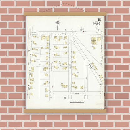 Old map wall art mockup — magnetic wood frame on brick wall — Sanborn Fire Insurance Map from Gardner, Worcester County, Massachusetts (1914), Sheet #0018