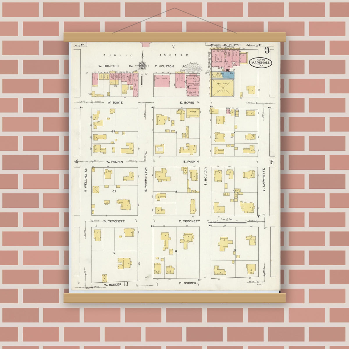 Old map wall art mockup — magnetic wood frame on brick wall — Sanborn Fire Insurance Map from Marshall, Harrison County, Texas (1915), Sheet #0003