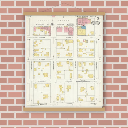 Old map wall art mockup — magnetic wood frame on brick wall — Sanborn Fire Insurance Map from Marshall, Harrison County, Texas (1915), Sheet #0003