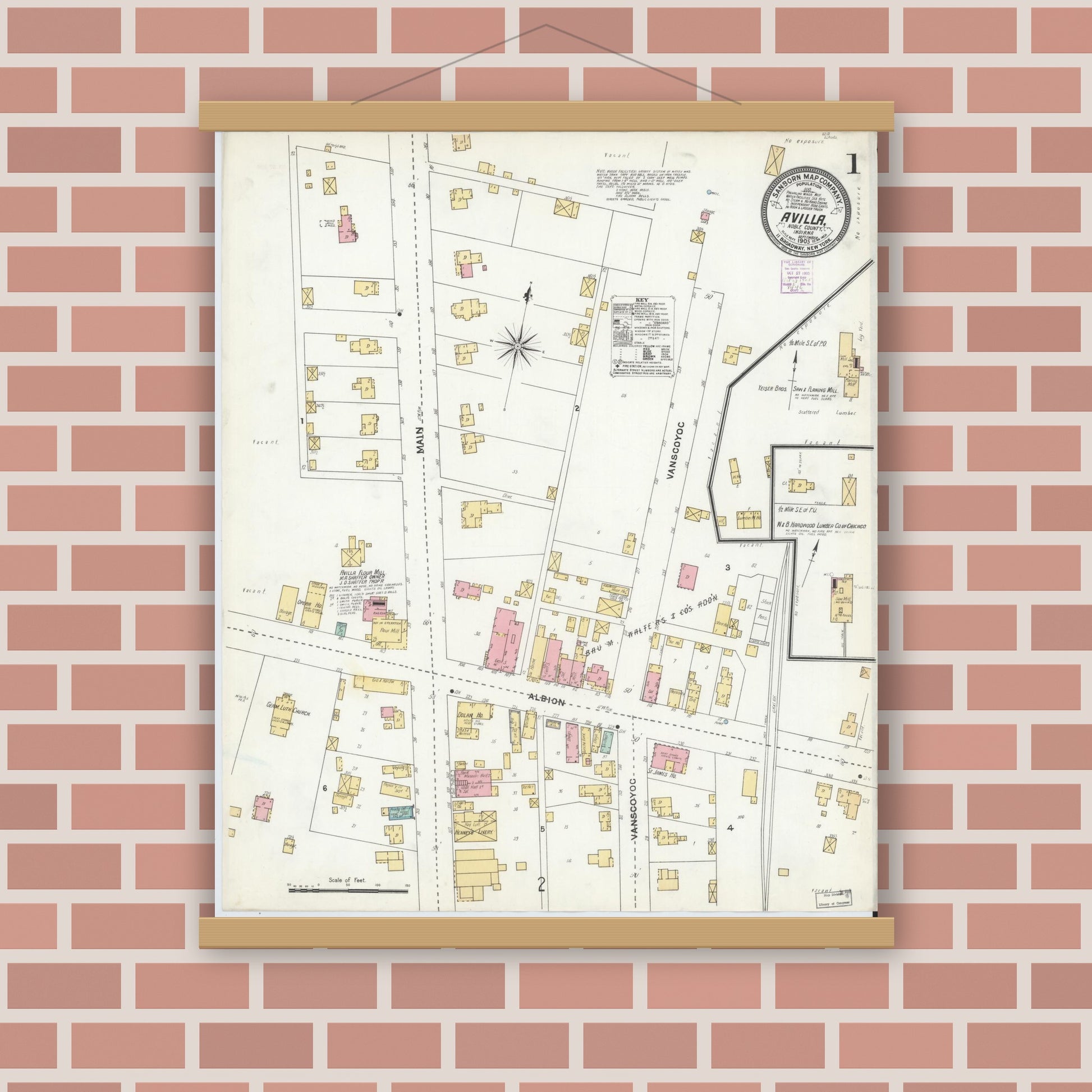Old map wall art mockup — magnetic wood frame on brick wall — Sanborn Fire Insurance Map from Avilla, Noble County, Indiana (1905) - Complete Map Set