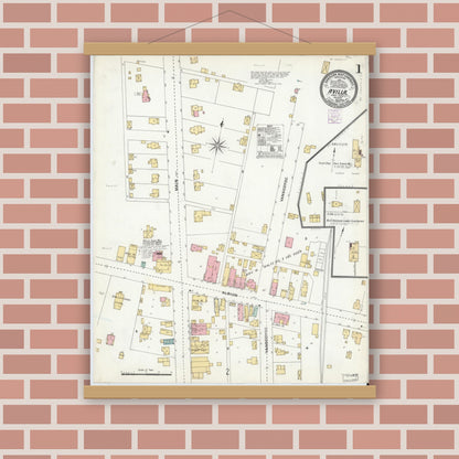 Old map wall art mockup — magnetic wood frame on brick wall — Sanborn Fire Insurance Map from Avilla, Noble County, Indiana (1905) - Complete Map Set