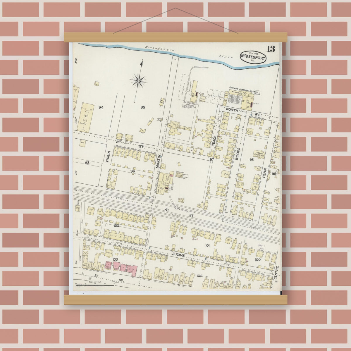Old map wall art mockup — magnetic wood frame on brick wall — Sanborn Fire Insurance Map from McKeesport, Allegheny County, Pennsylvania (1889), Sheet #0013