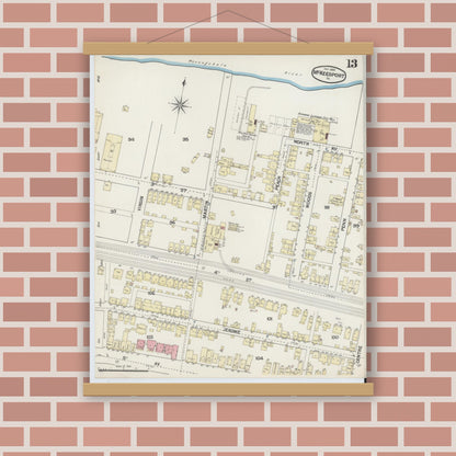 Old map wall art mockup — magnetic wood frame on brick wall — Sanborn Fire Insurance Map from McKeesport, Allegheny County, Pennsylvania (1889), Sheet #0013