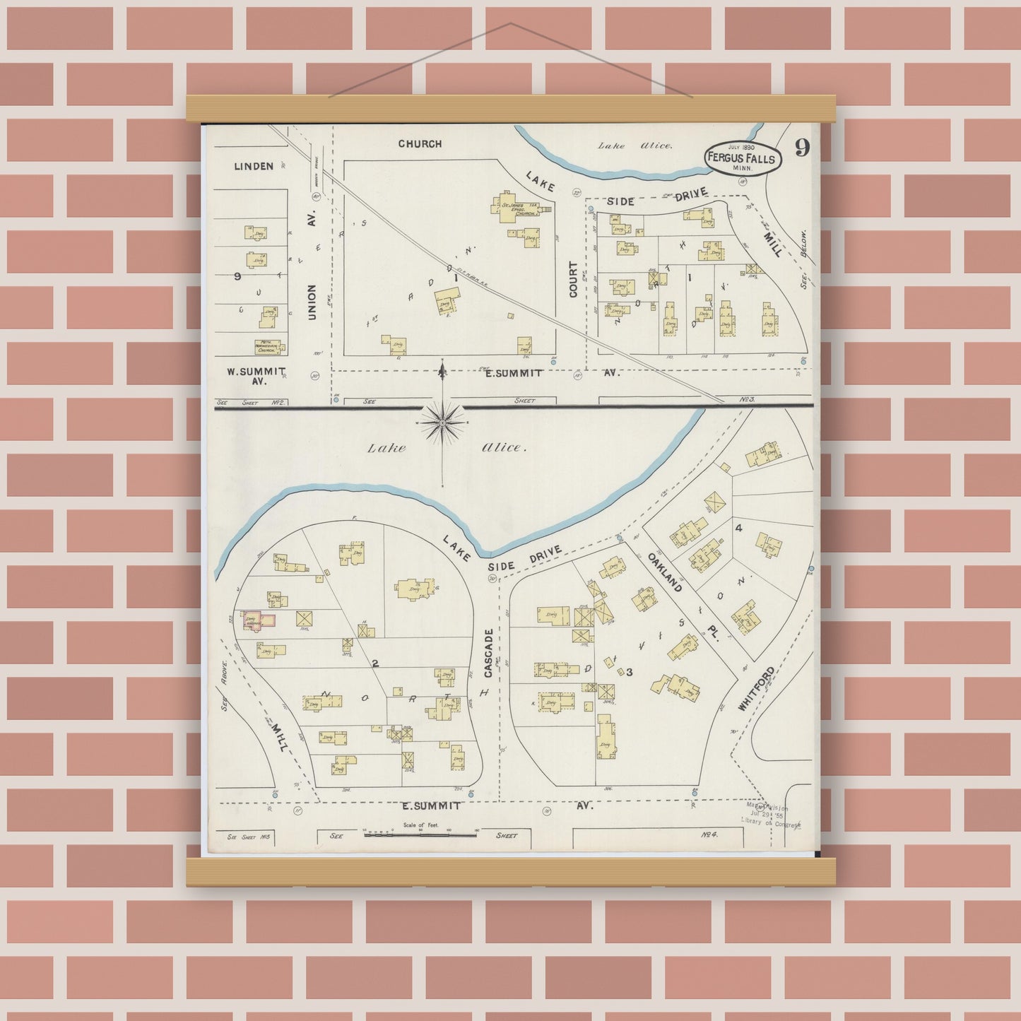 Old map wall art mockup — magnetic wood frame on brick wall — Sanborn Fire Insurance Map from Fergus Falls, Otter Tail County, Minnesota (1890), Sheet #0009