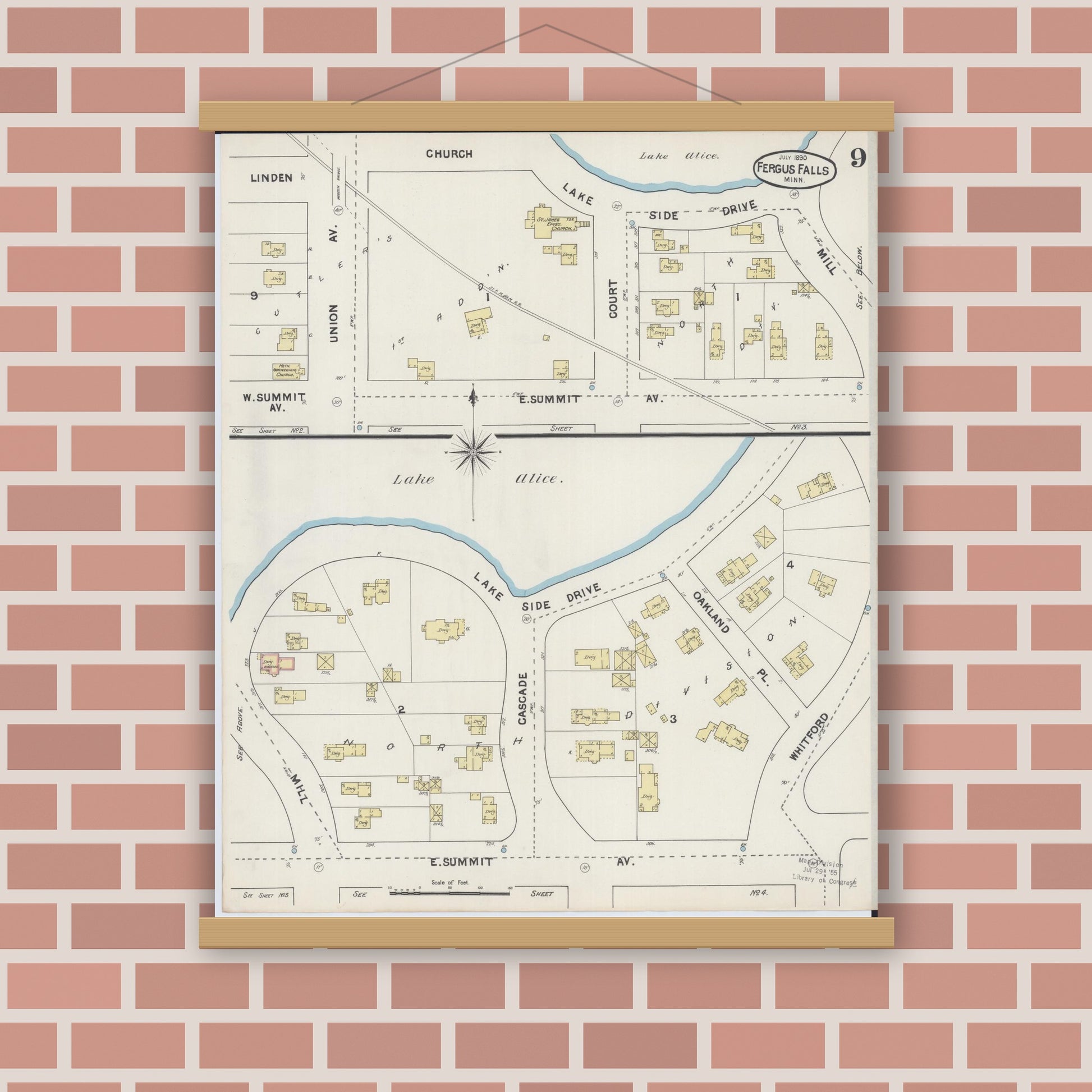 Old map wall art mockup — magnetic wood frame on brick wall — Sanborn Fire Insurance Map from Fergus Falls, Otter Tail County, Minnesota (1890), Sheet #0009