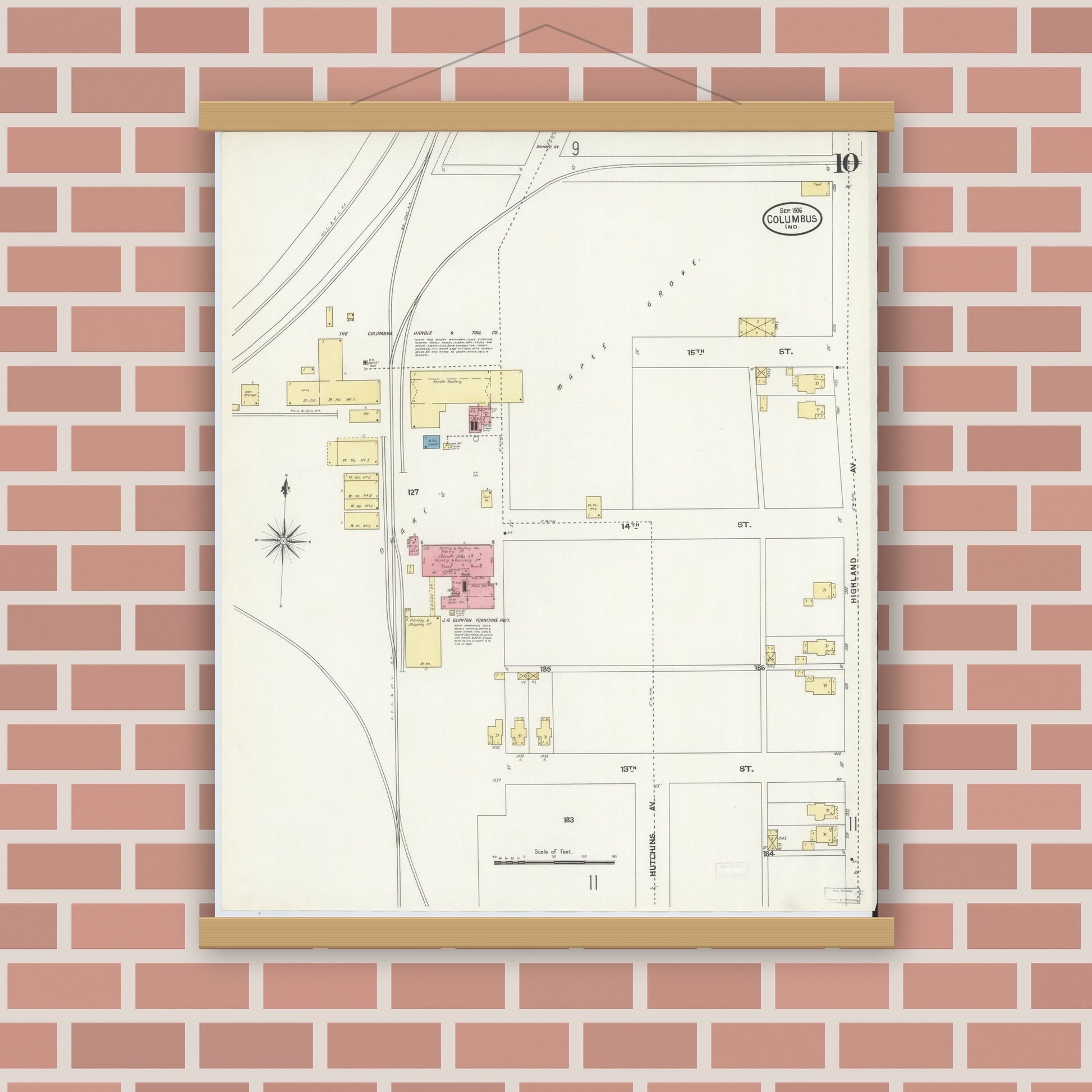 Old map wall art mockup — magnetic wood frame on brick wall — Sanborn Fire Insurance Map from Columbus, Bartholomew County, Indiana (1906), Sheet #0010
