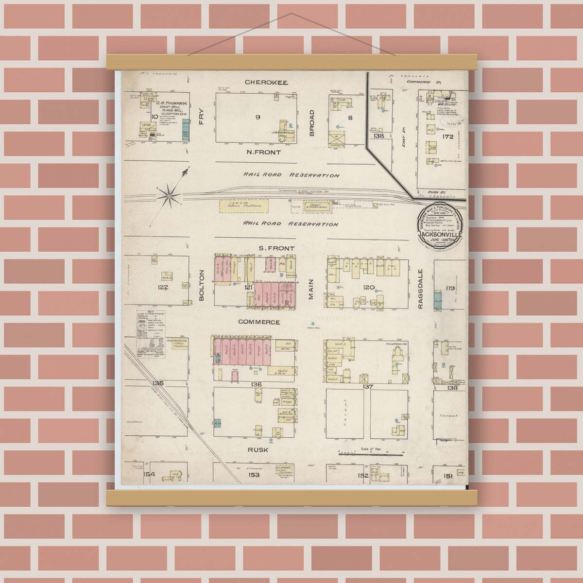 Old map wall art mockup — magnetic wood frame on brick wall — Sanborn Fire Insurance Map from Jacksonville, Cherokee County, Texas (1885), Sheet #0001