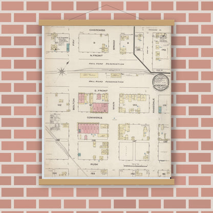 Old map wall art mockup — magnetic wood frame on brick wall — Sanborn Fire Insurance Map from Jacksonville, Cherokee County, Texas (1885), Sheet #0001