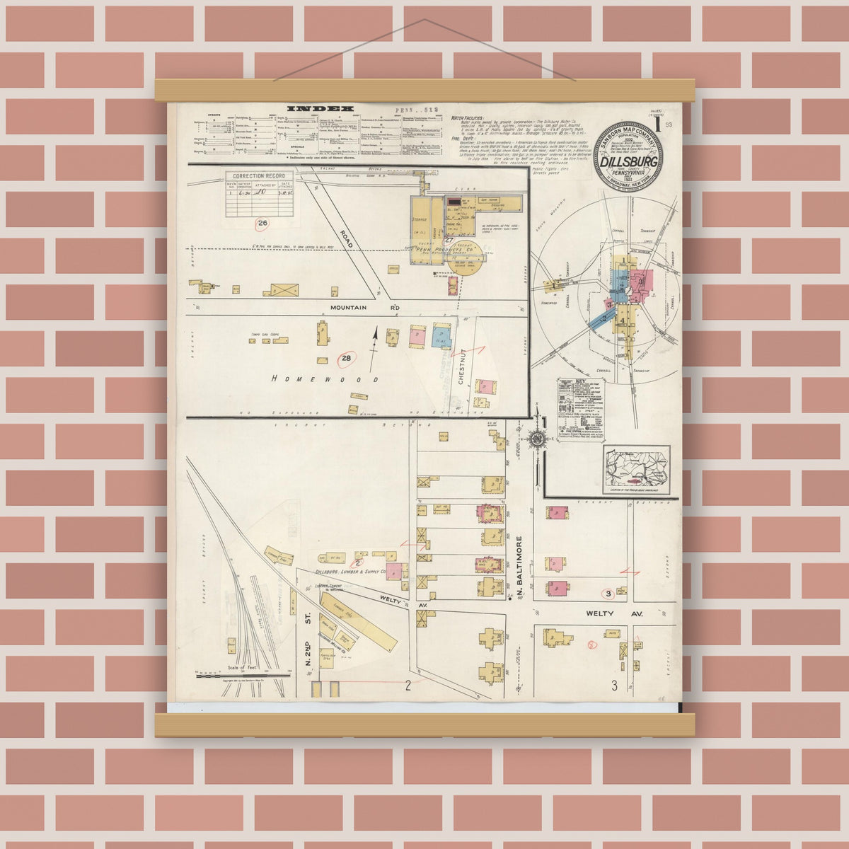 Old map wall art mockup — magnetic wood frame on brick wall — Sanborn Fire Insurance Map from Dillsburg, York County, Pennsylvania (1934) - Complete Map Set