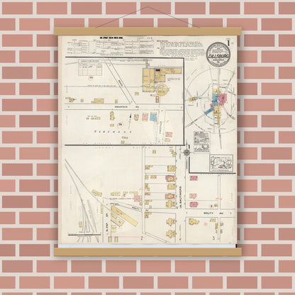 Old map wall art mockup — magnetic wood frame on brick wall — Sanborn Fire Insurance Map from Dillsburg, York County, Pennsylvania (1934) - Complete Map Set