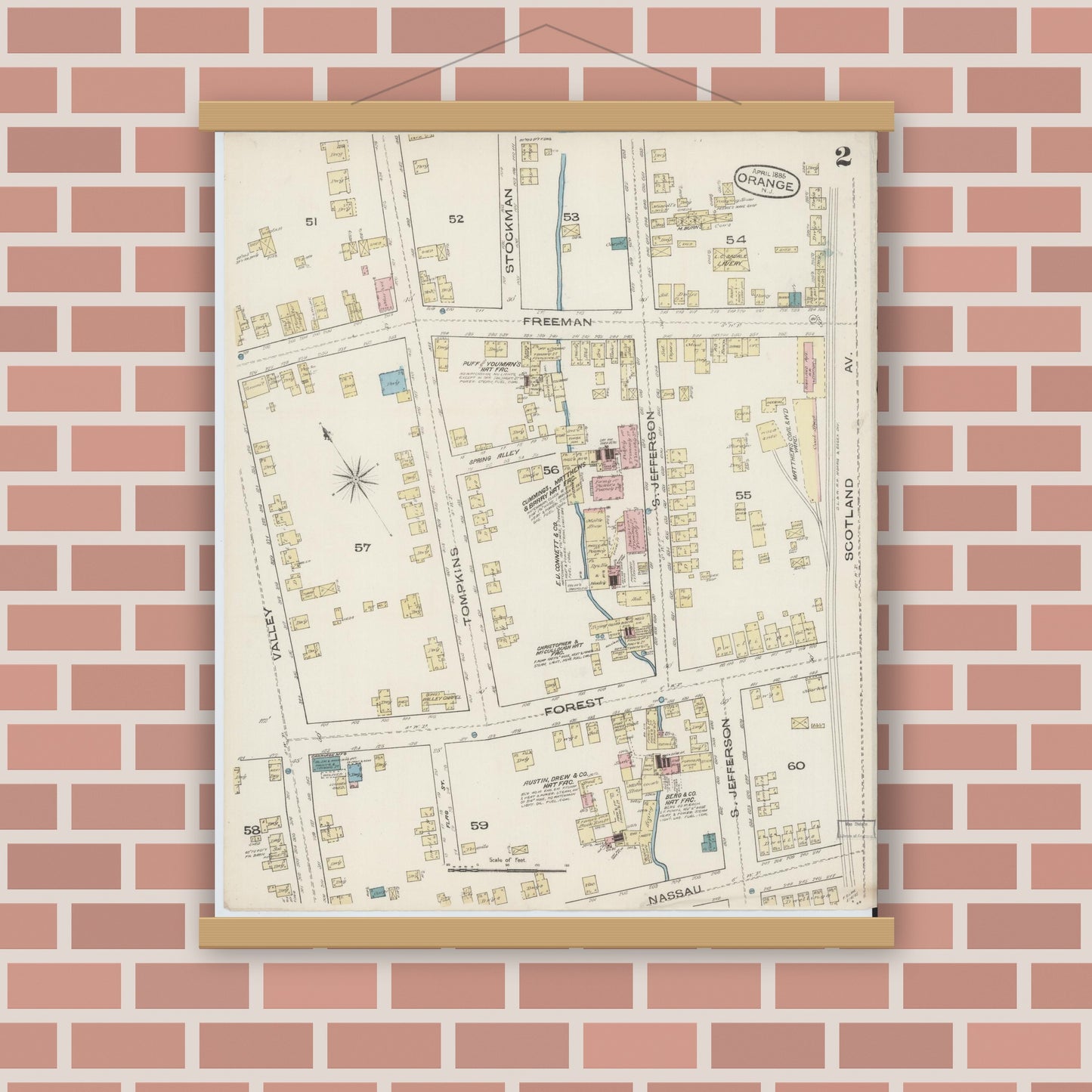 Old map wall art mockup — magnetic wood frame on brick wall — Sanborn Fire Insurance Map from Orange, Essex County, New Jersey (1885), Sheet #0002