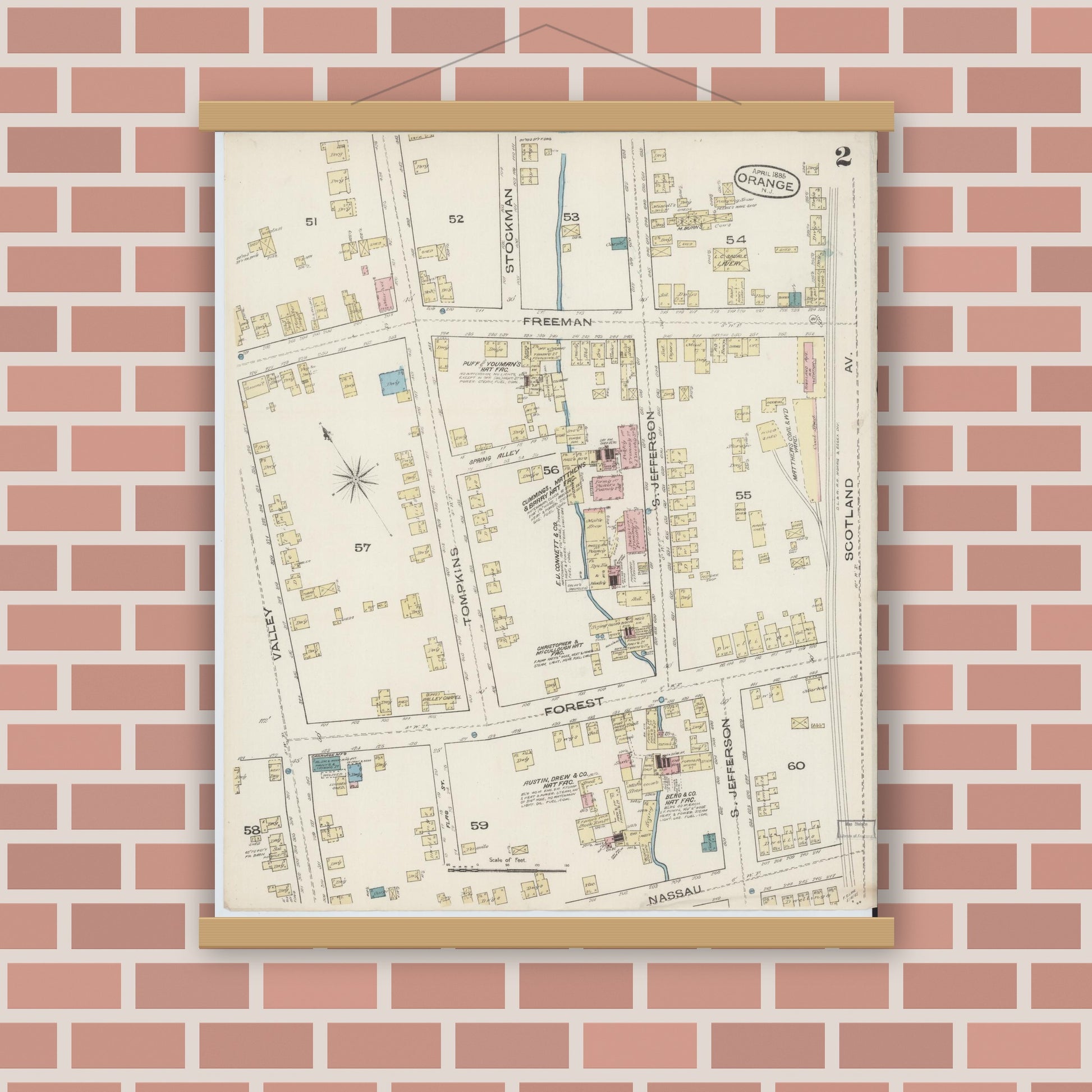 Old map wall art mockup — magnetic wood frame on brick wall — Sanborn Fire Insurance Map from Orange, Essex County, New Jersey (1885), Sheet #0002