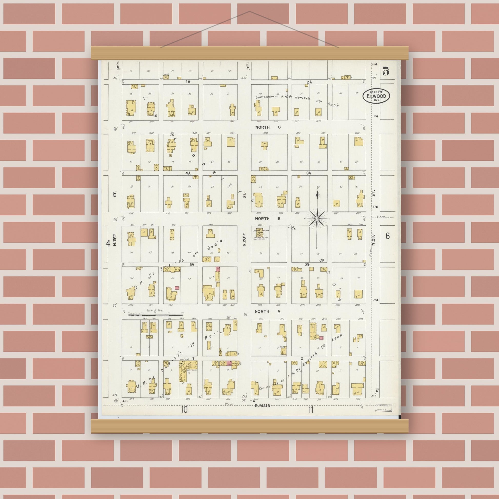 Old map wall art mockup — magnetic wood frame on brick wall — Sanborn Fire Insurance Map from Elwood, Madison County, Indiana (1899), Sheet #0005
